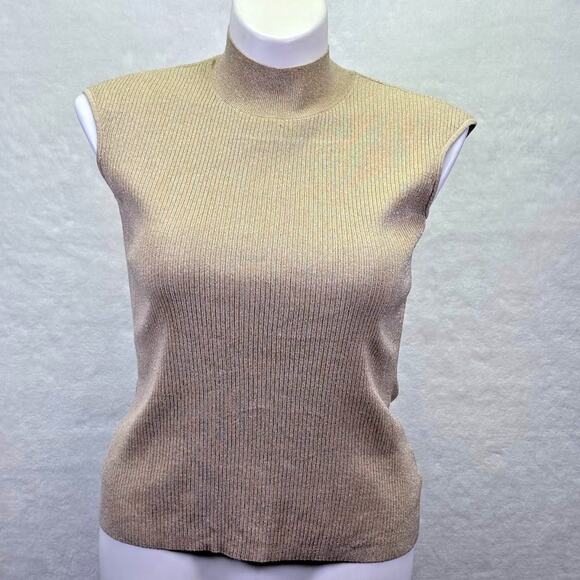 Coldwater Creek Gold Knit Mock Neck Sleeveless Sweater Shell Tank Silk Size M - Picture 1 of 9